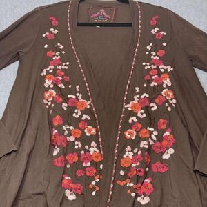Johnny Was LA Size XS Knit‎ Embroidery Asymmetrical Brown Open Long Cardigan
